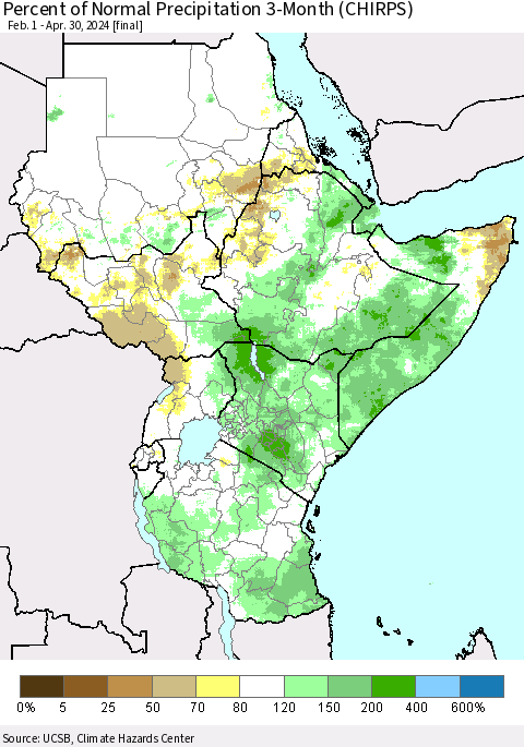 Eastern Africa Percent of Normal Precipitation 3-Month (CHIRPS) Thematic Map For 2/1/2024 - 4/30/2024