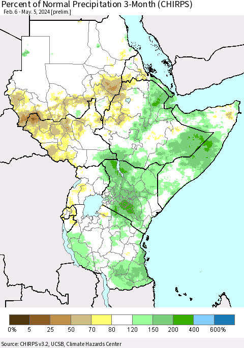 Eastern Africa Percent of Normal Precipitation 3-Month (CHIRPS) Thematic Map For 2/6/2024 - 5/5/2024