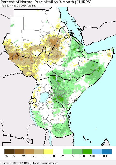 Eastern Africa Percent of Normal Precipitation 3-Month (CHIRPS) Thematic Map For 2/11/2024 - 5/10/2024