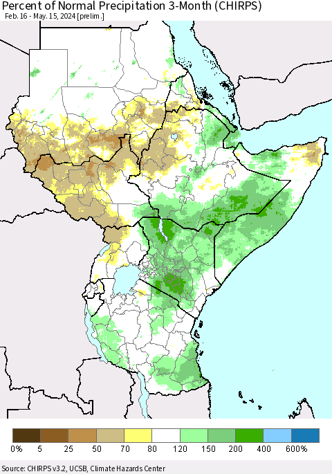 Eastern Africa Percent of Normal Precipitation 3-Month (CHIRPS) Thematic Map For 2/16/2024 - 5/15/2024