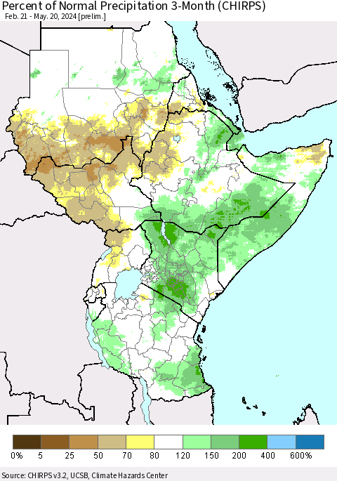Eastern Africa Percent of Normal Precipitation 3-Month (CHIRPS) Thematic Map For 2/21/2024 - 5/20/2024