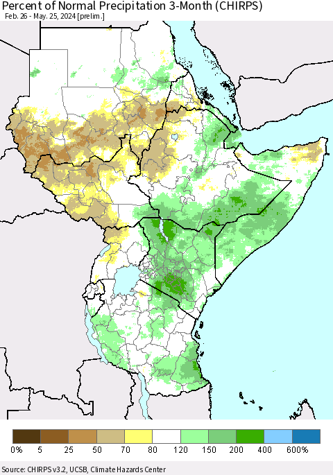 Eastern Africa Percent of Normal Precipitation 3-Month (CHIRPS) Thematic Map For 2/26/2024 - 5/25/2024