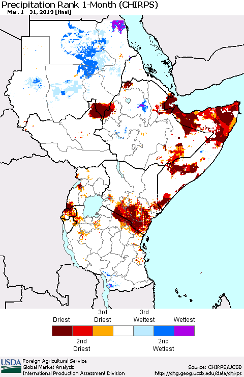 Eastern Africa Precipitation Rank since 1981, 1-Month (CHIRPS) Thematic Map For 3/1/2019 - 3/31/2019