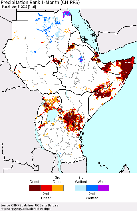 Eastern Africa Precipitation Rank since 1981, 1-Month (CHIRPS) Thematic Map For 3/6/2019 - 4/5/2019