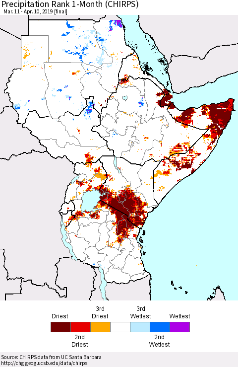 Eastern Africa Precipitation Rank since 1981, 1-Month (CHIRPS) Thematic Map For 3/11/2019 - 4/10/2019
