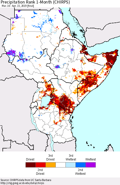 Eastern Africa Precipitation Rank since 1981, 1-Month (CHIRPS) Thematic Map For 3/16/2019 - 4/15/2019