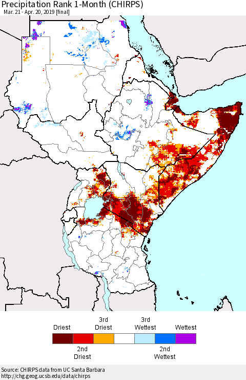 Eastern Africa Precipitation Rank since 1981, 1-Month (CHIRPS) Thematic Map For 3/21/2019 - 4/20/2019