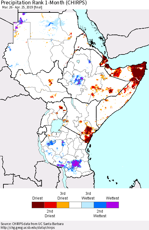 Eastern Africa Precipitation Rank since 1981, 1-Month (CHIRPS) Thematic Map For 3/26/2019 - 4/25/2019