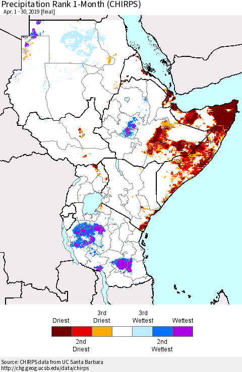Eastern Africa Precipitation Rank since 1981, 1-Month (CHIRPS) Thematic Map For 4/1/2019 - 4/30/2019