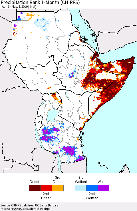Eastern Africa Precipitation Rank since 1981, 1-Month (CHIRPS) Thematic Map For 4/6/2019 - 5/5/2019