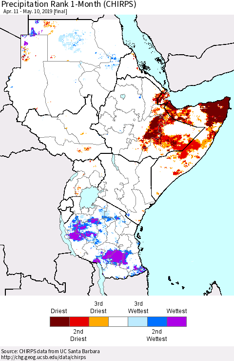Eastern Africa Precipitation Rank since 1981, 1-Month (CHIRPS) Thematic Map For 4/11/2019 - 5/10/2019