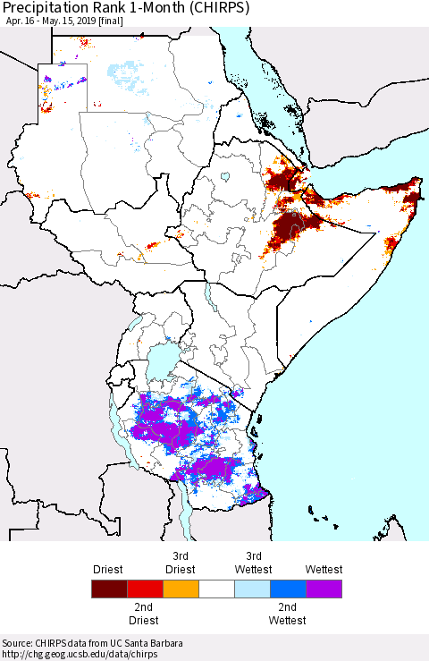 Eastern Africa Precipitation Rank since 1981, 1-Month (CHIRPS) Thematic Map For 4/16/2019 - 5/15/2019