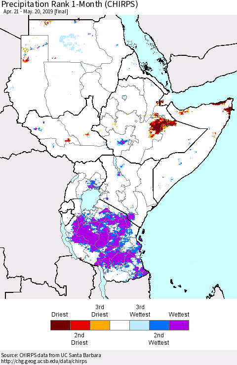 Eastern Africa Precipitation Rank since 1981, 1-Month (CHIRPS) Thematic Map For 4/21/2019 - 5/20/2019
