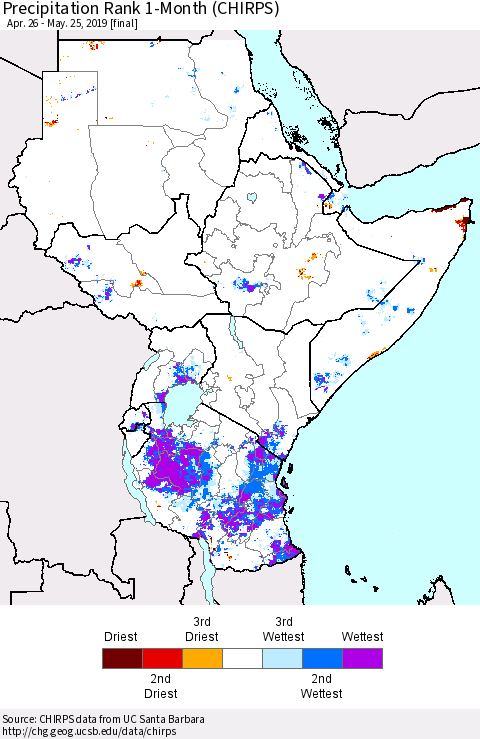 Eastern Africa Precipitation Rank since 1981, 1-Month (CHIRPS) Thematic Map For 4/26/2019 - 5/25/2019