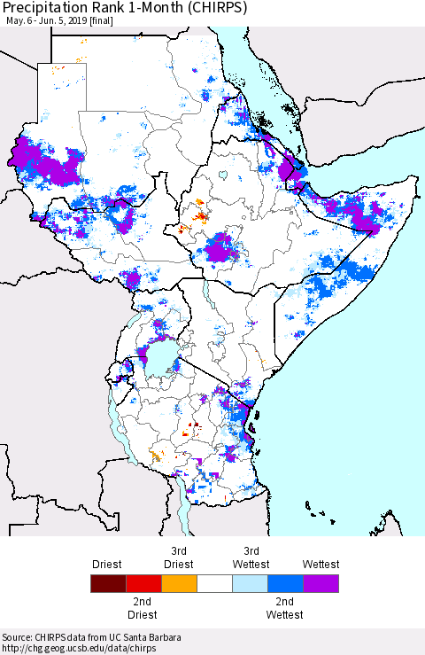 Eastern Africa Precipitation Rank since 1981, 1-Month (CHIRPS) Thematic Map For 5/6/2019 - 6/5/2019