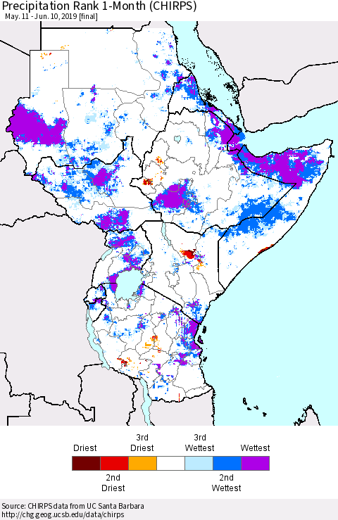 Eastern Africa Precipitation Rank since 1981, 1-Month (CHIRPS) Thematic Map For 5/11/2019 - 6/10/2019