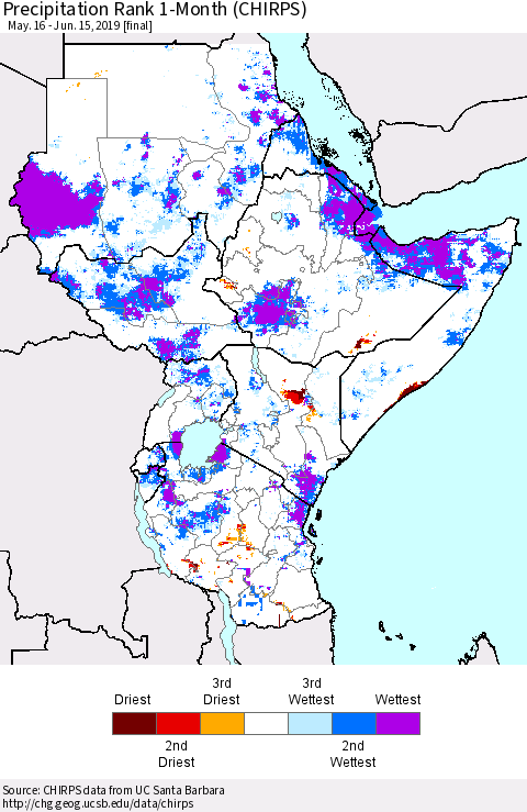 Eastern Africa Precipitation Rank since 1981, 1-Month (CHIRPS) Thematic Map For 5/16/2019 - 6/15/2019