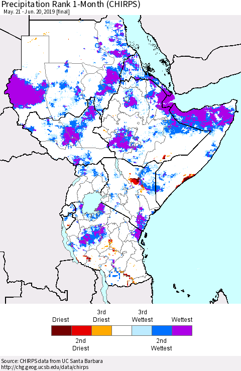 Eastern Africa Precipitation Rank since 1981, 1-Month (CHIRPS) Thematic Map For 5/21/2019 - 6/20/2019