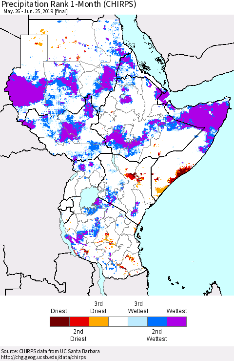 Eastern Africa Precipitation Rank since 1981, 1-Month (CHIRPS) Thematic Map For 5/26/2019 - 6/25/2019
