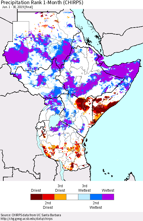 Eastern Africa Precipitation Rank since 1981, 1-Month (CHIRPS) Thematic Map For 6/1/2019 - 6/30/2019