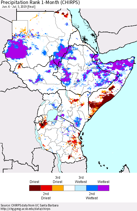 Eastern Africa Precipitation Rank since 1981, 1-Month (CHIRPS) Thematic Map For 6/6/2019 - 7/5/2019