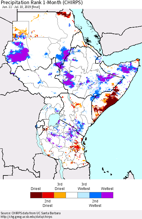 Eastern Africa Precipitation Rank since 1981, 1-Month (CHIRPS) Thematic Map For 6/11/2019 - 7/10/2019