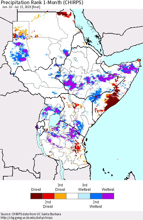 Eastern Africa Precipitation Rank since 1981, 1-Month (CHIRPS) Thematic Map For 6/16/2019 - 7/15/2019