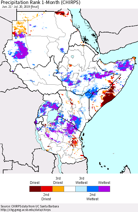 Eastern Africa Precipitation Rank since 1981, 1-Month (CHIRPS) Thematic Map For 6/21/2019 - 7/20/2019