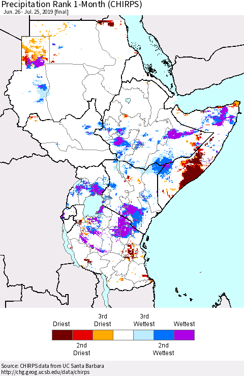 Eastern Africa Precipitation Rank since 1981, 1-Month (CHIRPS) Thematic Map For 6/26/2019 - 7/25/2019