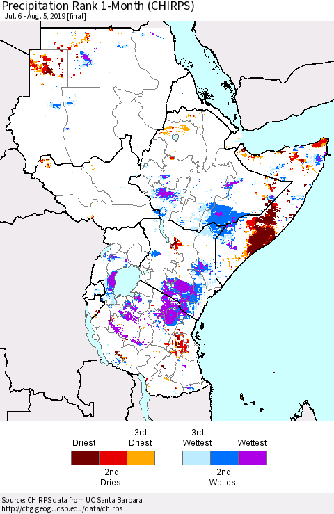 Eastern Africa Precipitation Rank since 1981, 1-Month (CHIRPS) Thematic Map For 7/6/2019 - 8/5/2019