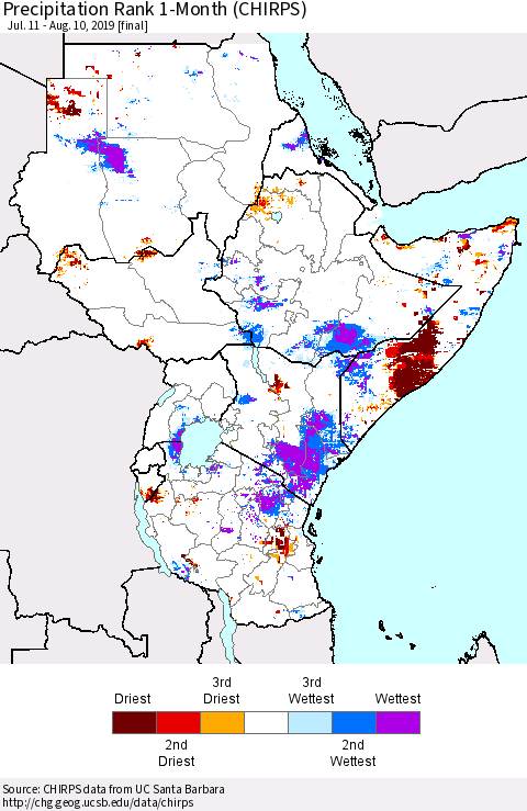 Eastern Africa Precipitation Rank since 1981, 1-Month (CHIRPS) Thematic Map For 7/11/2019 - 8/10/2019