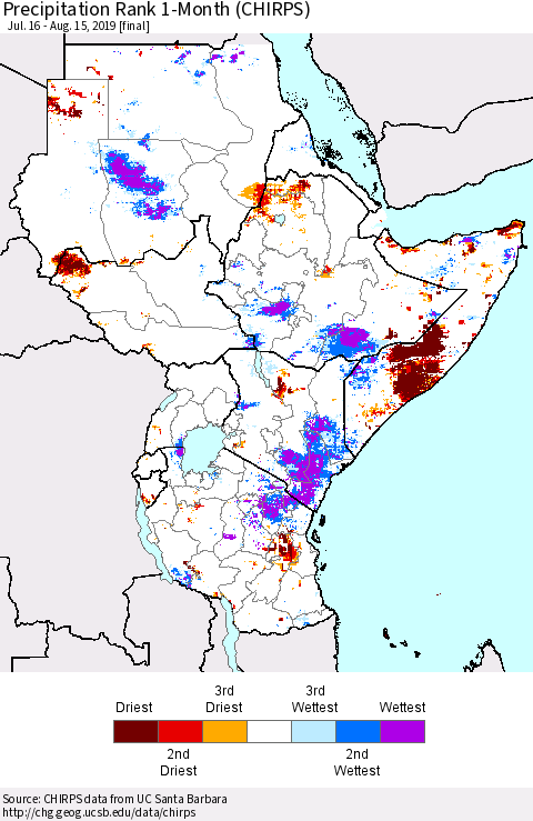 Eastern Africa Precipitation Rank since 1981, 1-Month (CHIRPS) Thematic Map For 7/16/2019 - 8/15/2019