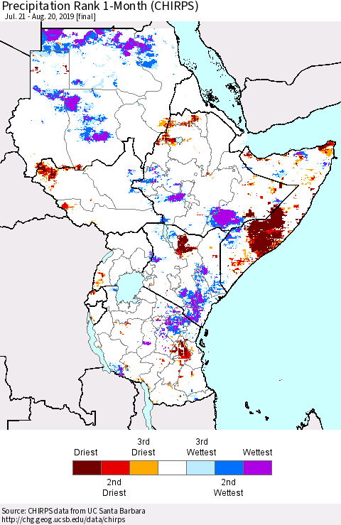 Eastern Africa Precipitation Rank since 1981, 1-Month (CHIRPS) Thematic Map For 7/21/2019 - 8/20/2019