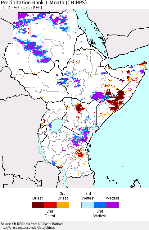 Eastern Africa Precipitation Rank since 1981, 1-Month (CHIRPS) Thematic Map For 7/26/2019 - 8/25/2019