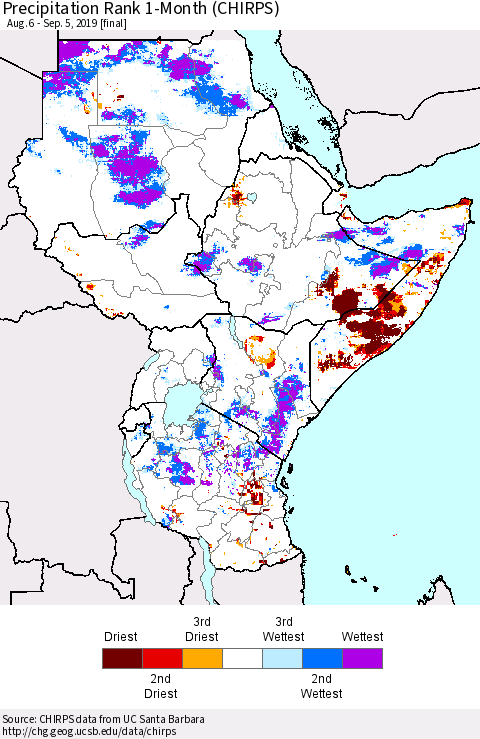 Eastern Africa Precipitation Rank since 1981, 1-Month (CHIRPS) Thematic Map For 8/6/2019 - 9/5/2019