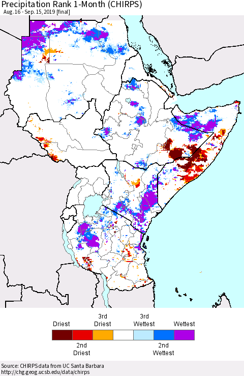 Eastern Africa Precipitation Rank since 1981, 1-Month (CHIRPS) Thematic Map For 8/16/2019 - 9/15/2019