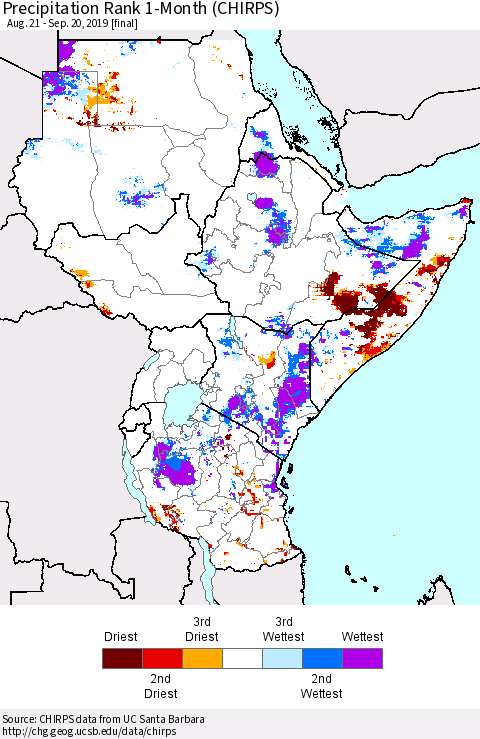 Eastern Africa Precipitation Rank since 1981, 1-Month (CHIRPS) Thematic Map For 8/21/2019 - 9/20/2019