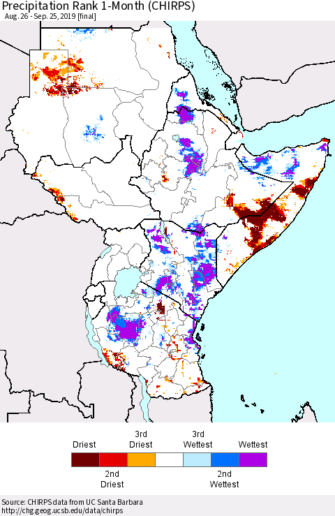 Eastern Africa Precipitation Rank since 1981, 1-Month (CHIRPS) Thematic Map For 8/26/2019 - 9/25/2019
