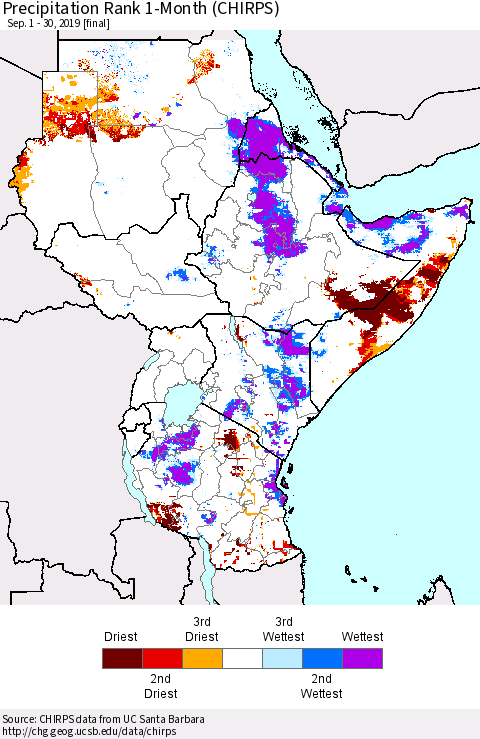 Eastern Africa Precipitation Rank since 1981, 1-Month (CHIRPS) Thematic Map For 9/1/2019 - 9/30/2019