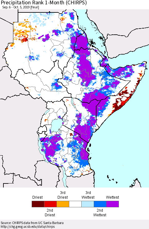 Eastern Africa Precipitation Rank since 1981, 1-Month (CHIRPS) Thematic Map For 9/6/2019 - 10/5/2019