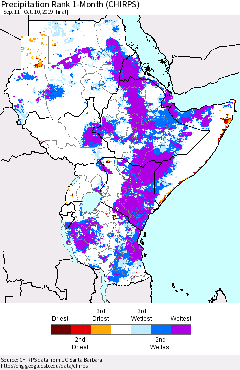 Eastern Africa Precipitation Rank since 1981, 1-Month (CHIRPS) Thematic Map For 9/11/2019 - 10/10/2019