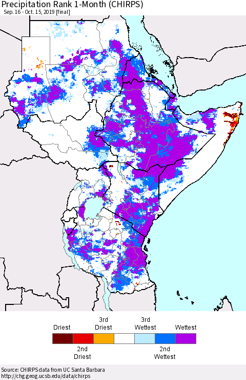 Eastern Africa Precipitation Rank since 1981, 1-Month (CHIRPS) Thematic Map For 9/16/2019 - 10/15/2019