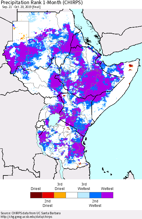 Eastern Africa Precipitation Rank since 1981, 1-Month (CHIRPS) Thematic Map For 9/21/2019 - 10/20/2019