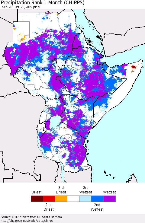 Eastern Africa Precipitation Rank since 1981, 1-Month (CHIRPS) Thematic Map For 9/26/2019 - 10/25/2019