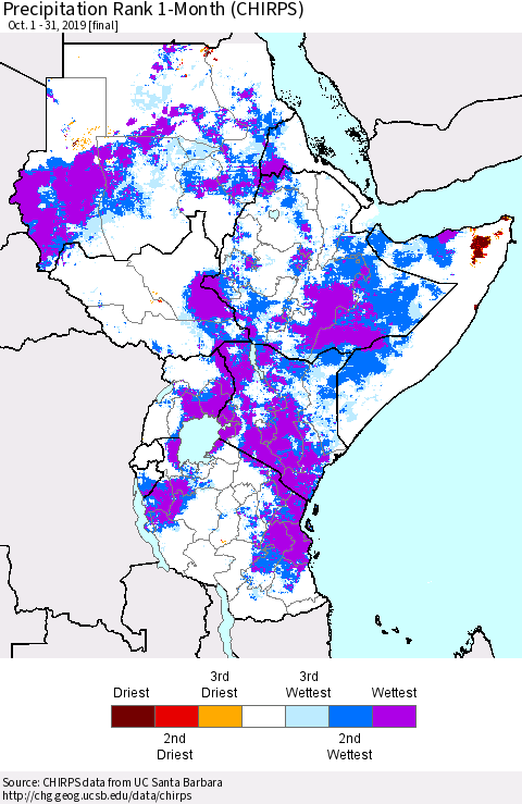 Eastern Africa Precipitation Rank 1-Month (CHIRPS) Thematic Map For 10/1/2019 - 10/31/2019