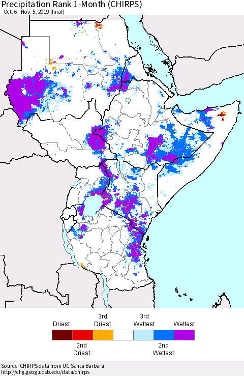 Eastern Africa Precipitation Rank since 1981, 1-Month (CHIRPS) Thematic Map For 10/6/2019 - 11/5/2019