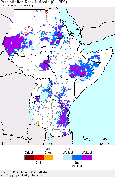 Eastern Africa Precipitation Rank 1-Month (CHIRPS) Thematic Map For 10/11/2019 - 11/10/2019