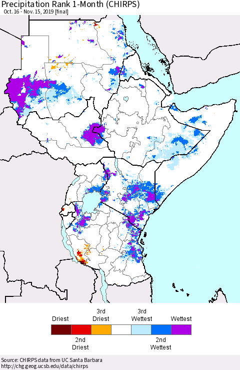 Eastern Africa Precipitation Rank 1-Month (CHIRPS) Thematic Map For 10/16/2019 - 11/15/2019