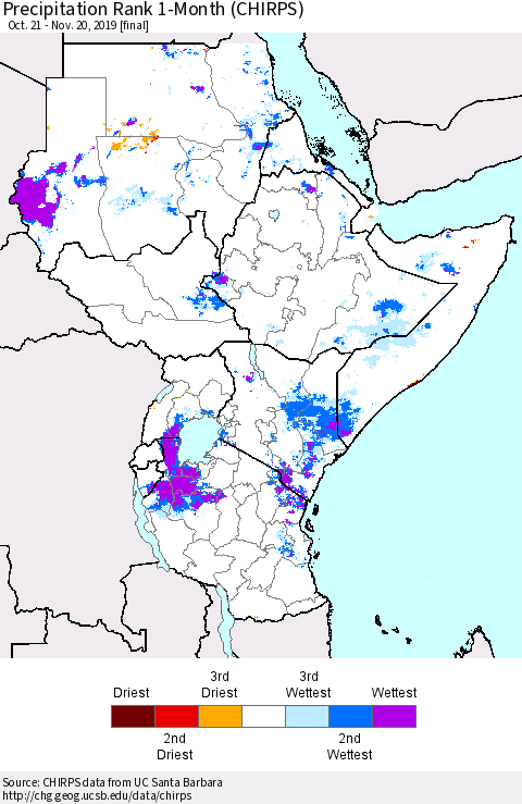 Eastern Africa Precipitation Rank 1-Month (CHIRPS) Thematic Map For 10/21/2019 - 11/20/2019