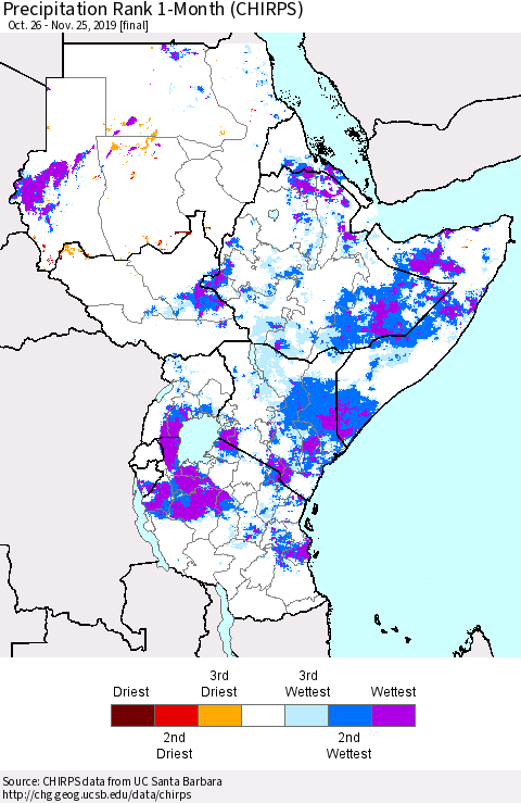 Eastern Africa Precipitation Rank 1-Month (CHIRPS) Thematic Map For 10/26/2019 - 11/25/2019